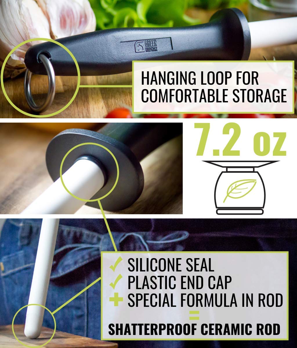 Green Elephant easy-use honing rod for quick blade realignment in the kitchen.
