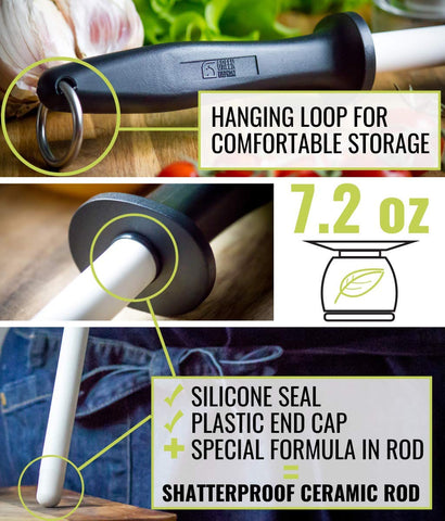 Green Elephant easy-use honing rod for quick blade realignment in the kitchen.