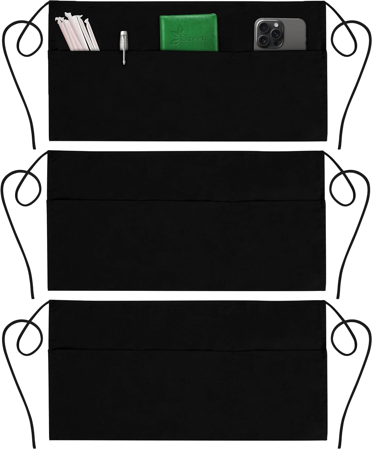 Green Lifestyle three-pack server aprons with pockets for quick tool access in busy service