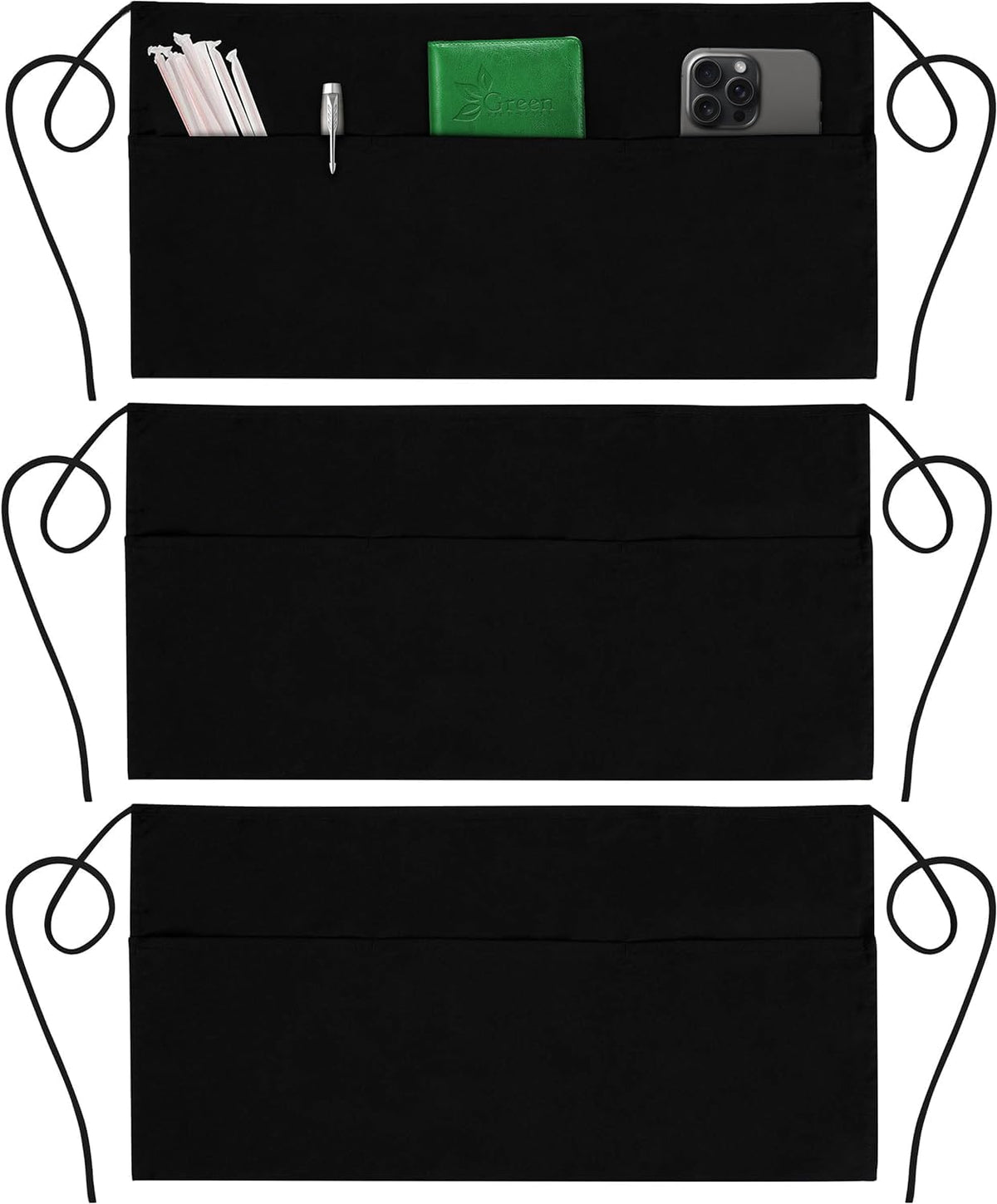 Green Lifestyle three-pack server aprons with pockets for quick tool access in busy service