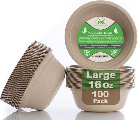 Green Swan 16oz disposable bowls in a 100-pack, ready for daily meals.