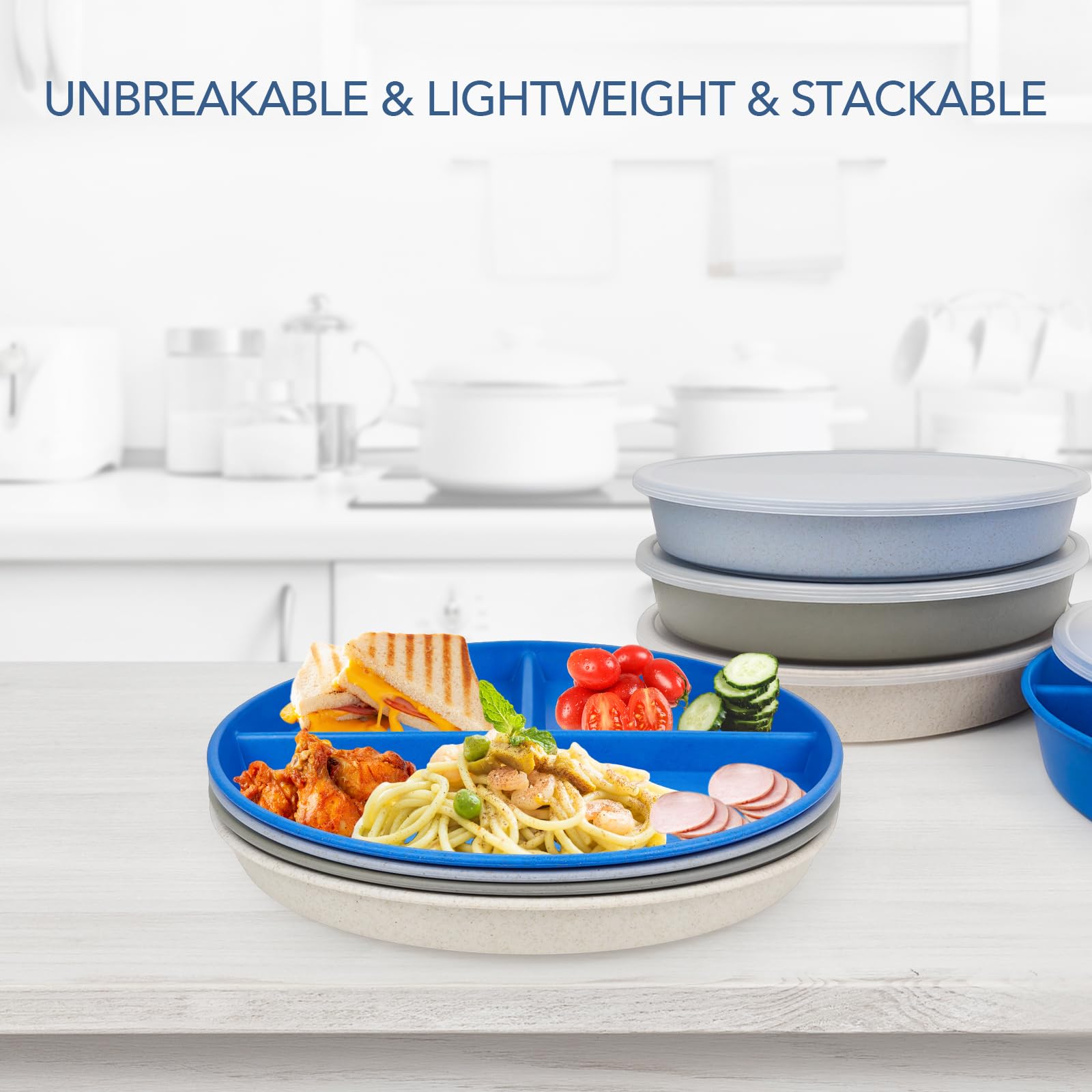 Greenandlife four-piece divided plate set stacked neatly for storage.