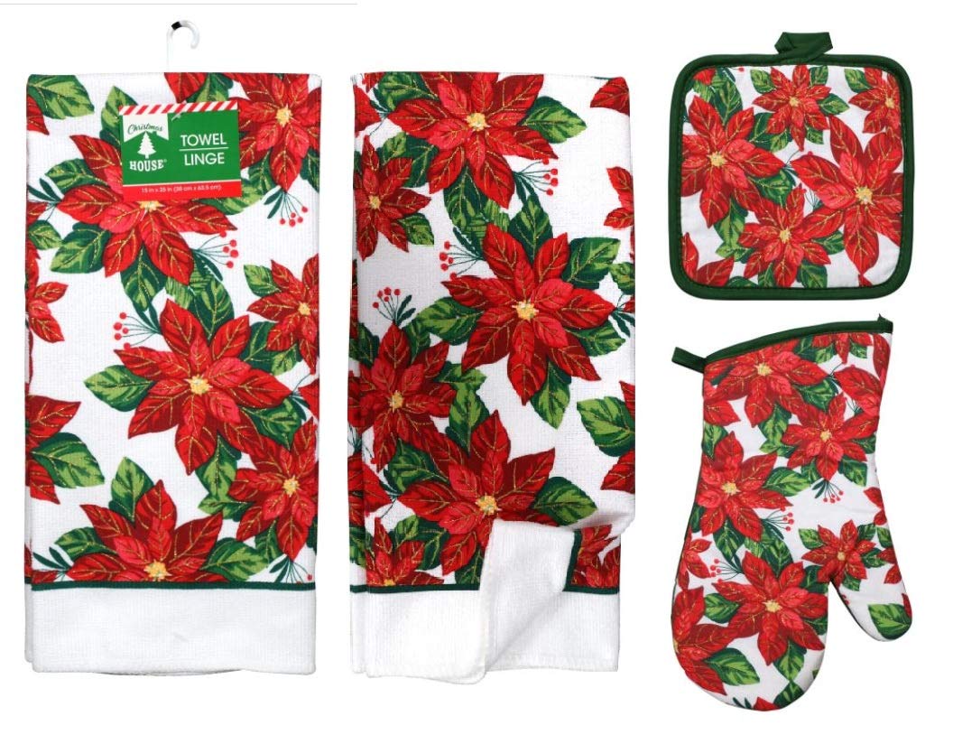 Greenbrier Poinsettia dish towels provide festive kitchen cleanup and drying.