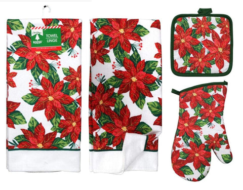 Greenbrier Poinsettia dish towels provide festive kitchen cleanup and drying.