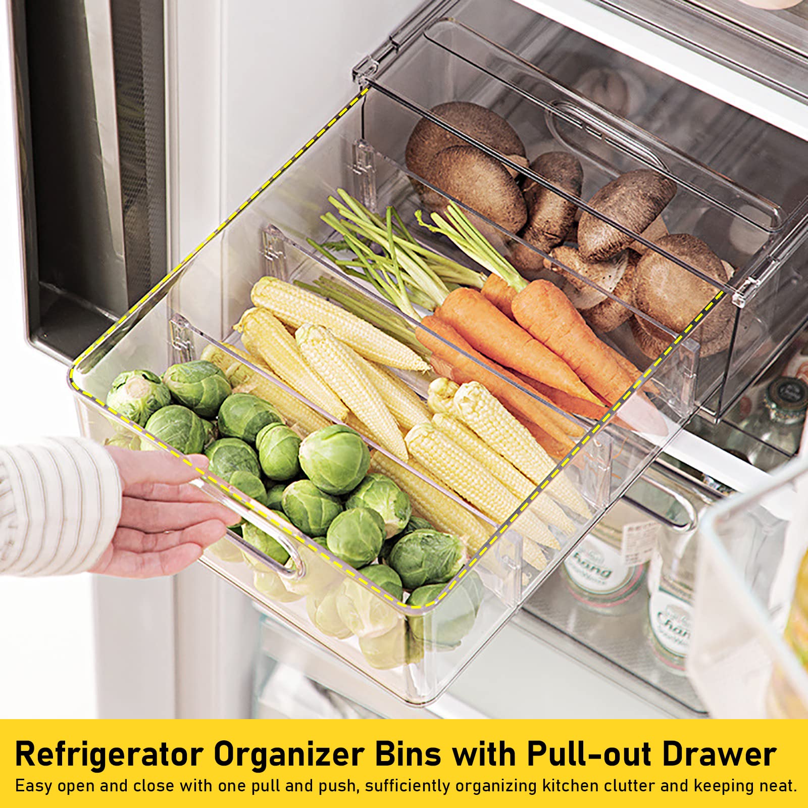 Greenby large drawer shows clear, stackable design for bulk produce and drinks.