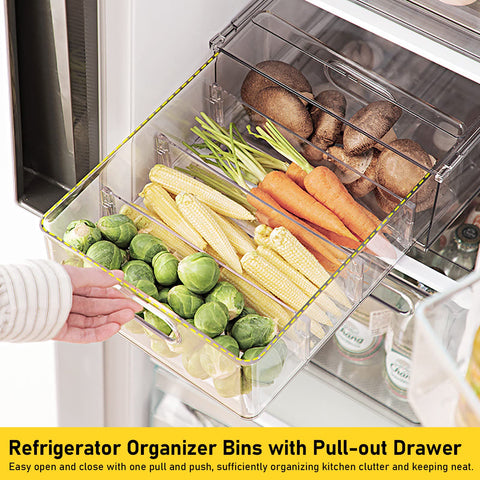 Greenby large drawer shows clear, stackable design for bulk produce and drinks.