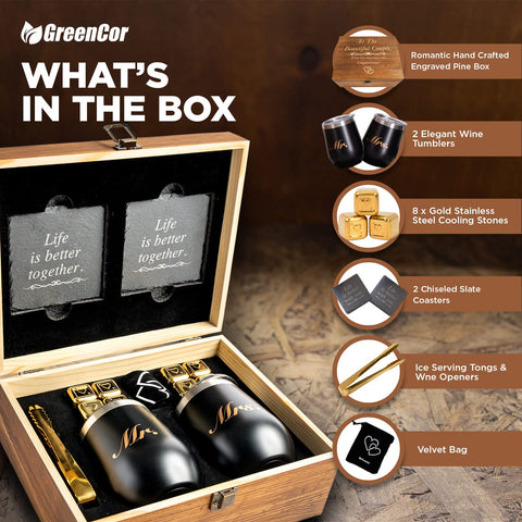 GreenCor Mr Mrs design wine tumblers for stylish couple toasts.