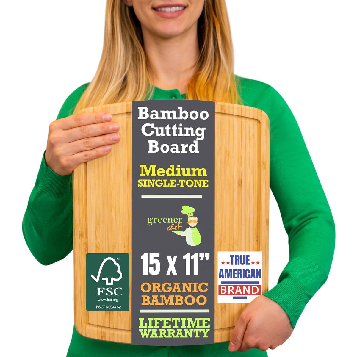 Greener Chef bamboo cutting board surface shows smooth durability for prep.