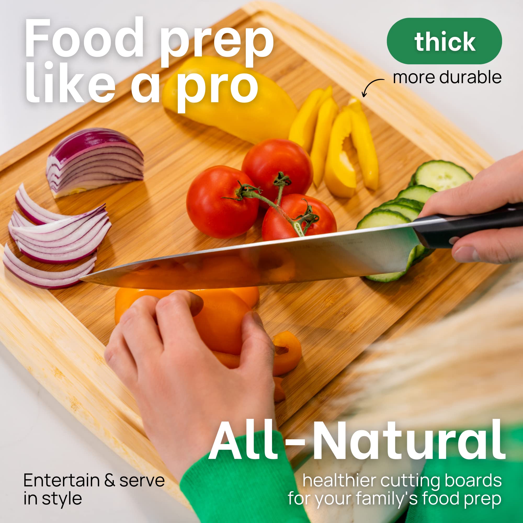 Greener Chef cutting board features deep juice grooves to catch drips