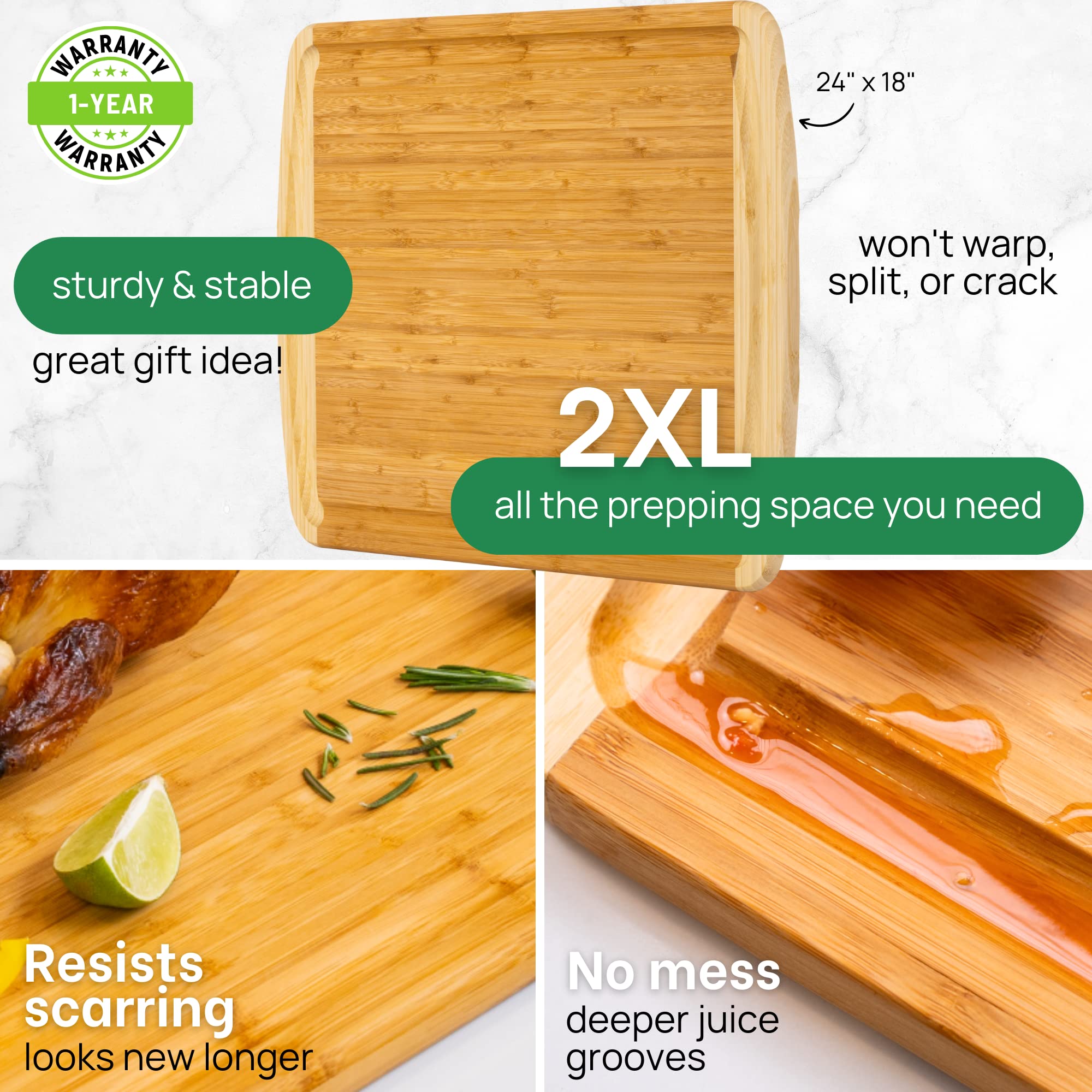 Greener Chef 24-inch bamboo cutting board with deep juice grooves for easy cleanup