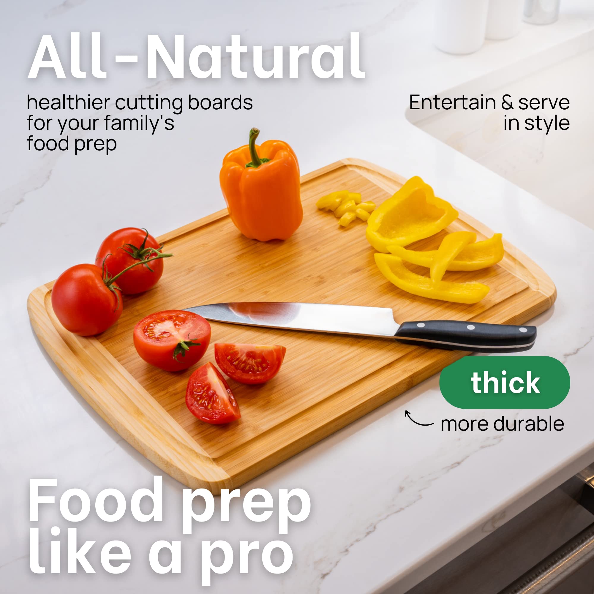 Greener Chef reversible design with deep juice groove for mess containment.