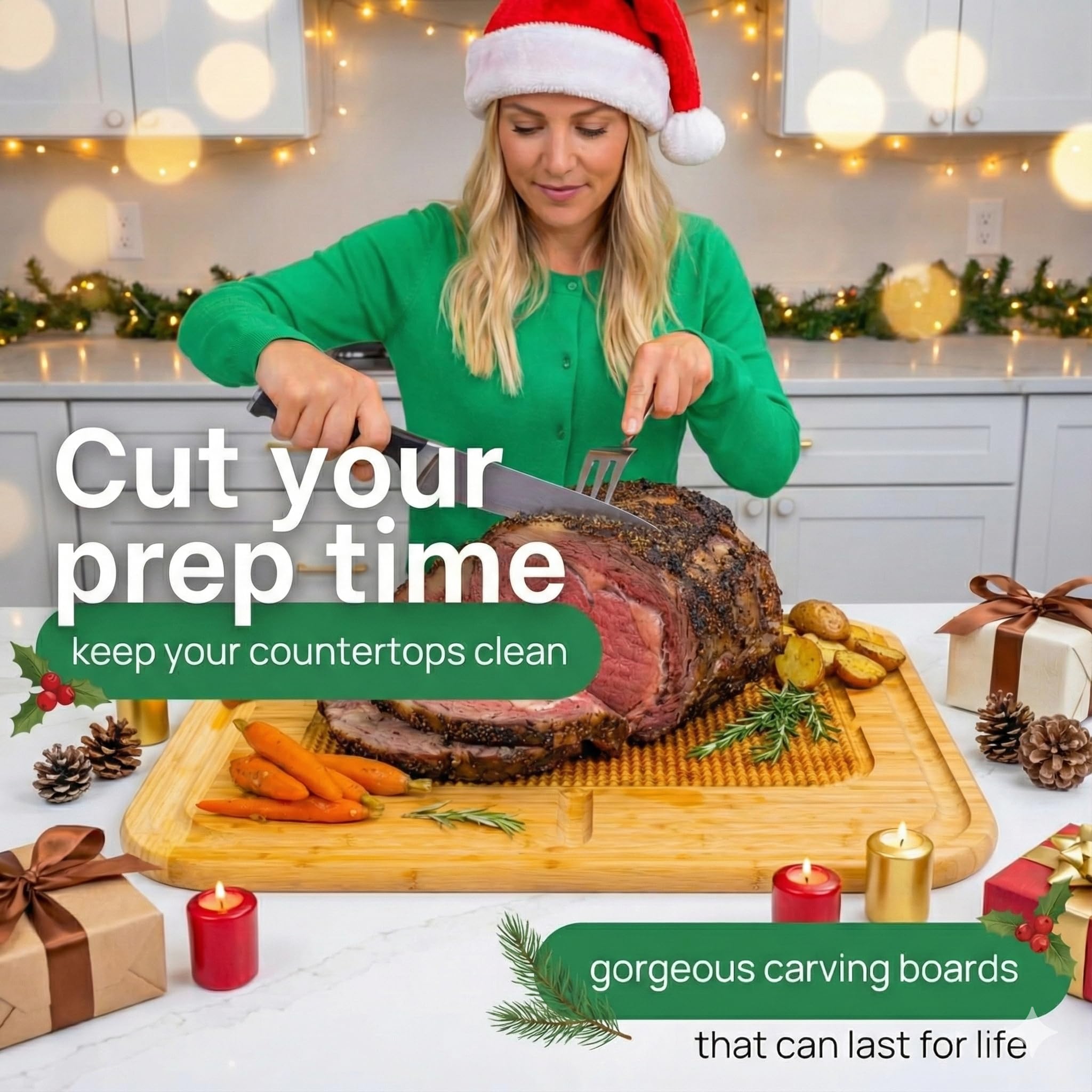 Greener Chef bamboo board with juice groove highlights mess-free drippings and easy gravy collection
