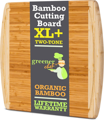 Greener Chef bamboo cutting board being wiped clean after use