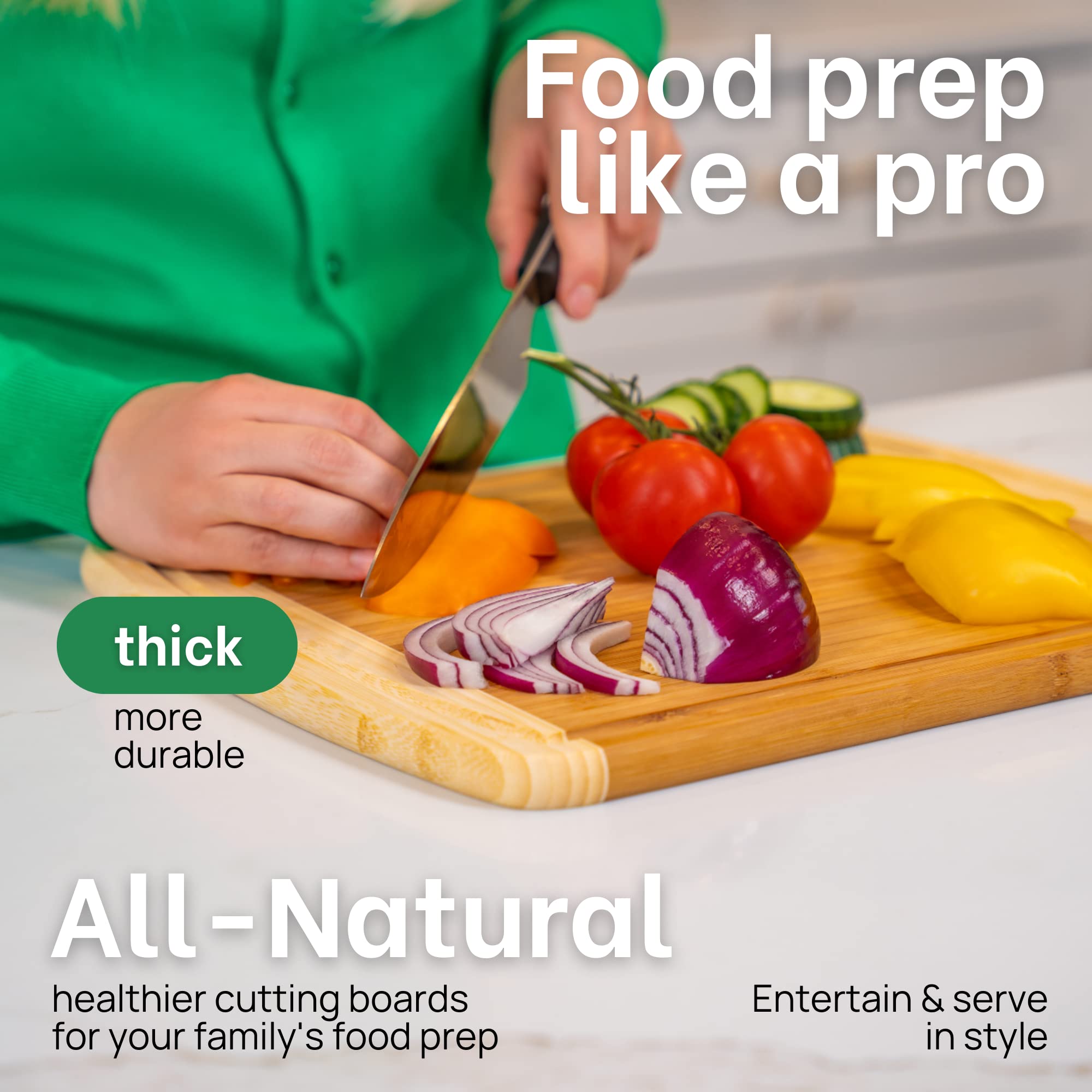 Greener Chef bamboo cutting board shows juice grooves catching drips during prep