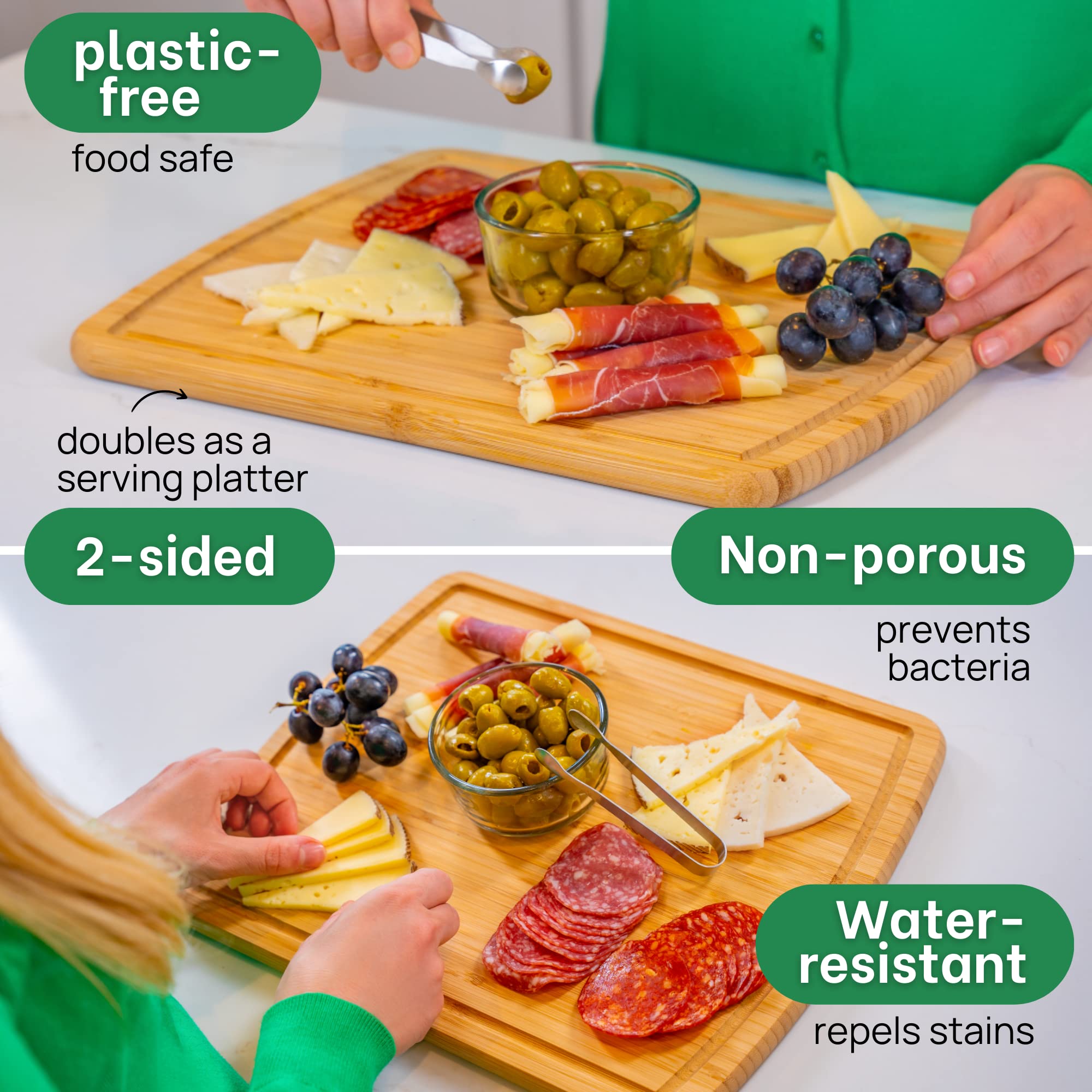 Greener Chef board features deep juice grooves for sauces.