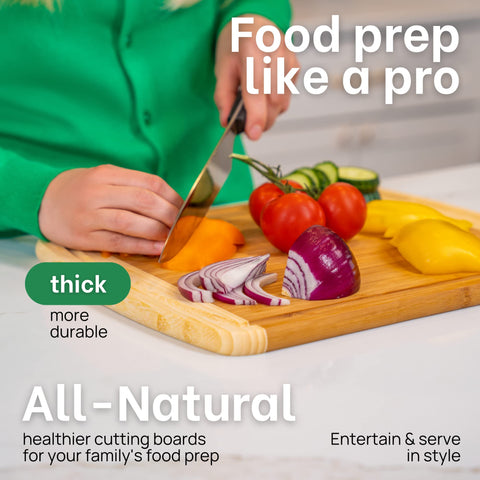 Greener Chef bamboo cutting board shows juice grooves catching drips during prep