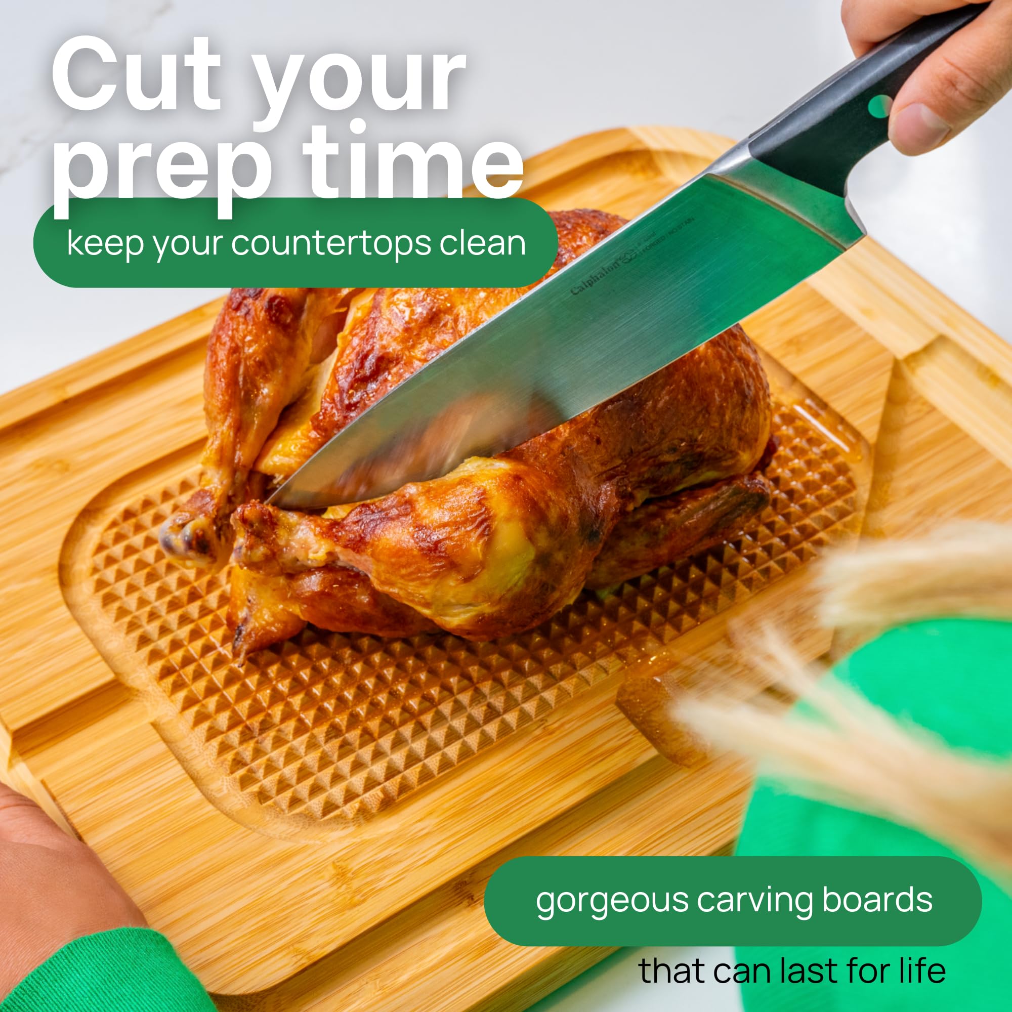 Greener Chef bamboo cutting board preserves knife edge during prep.