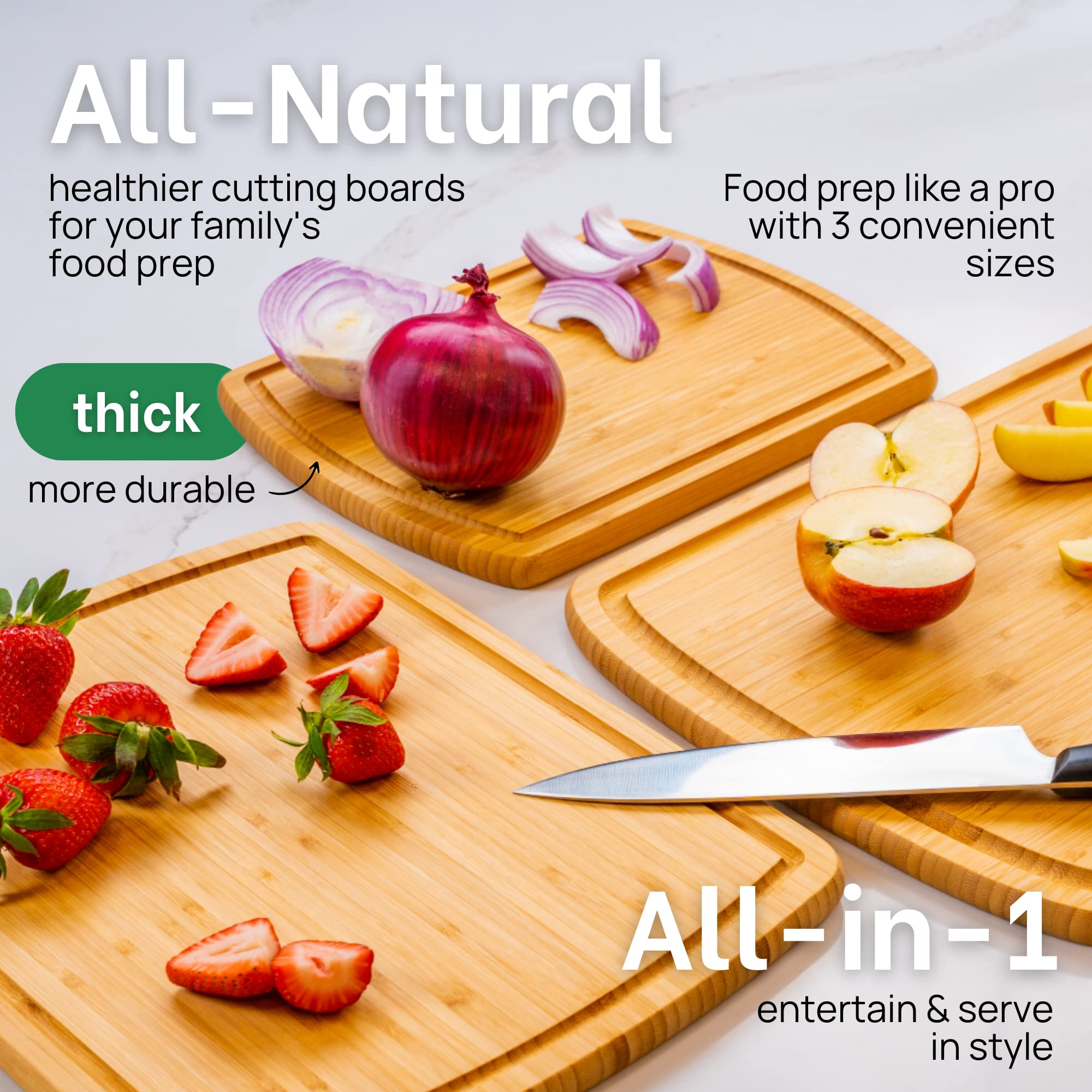 Greener Chef reversible board with juice grooves for mess-free prep.