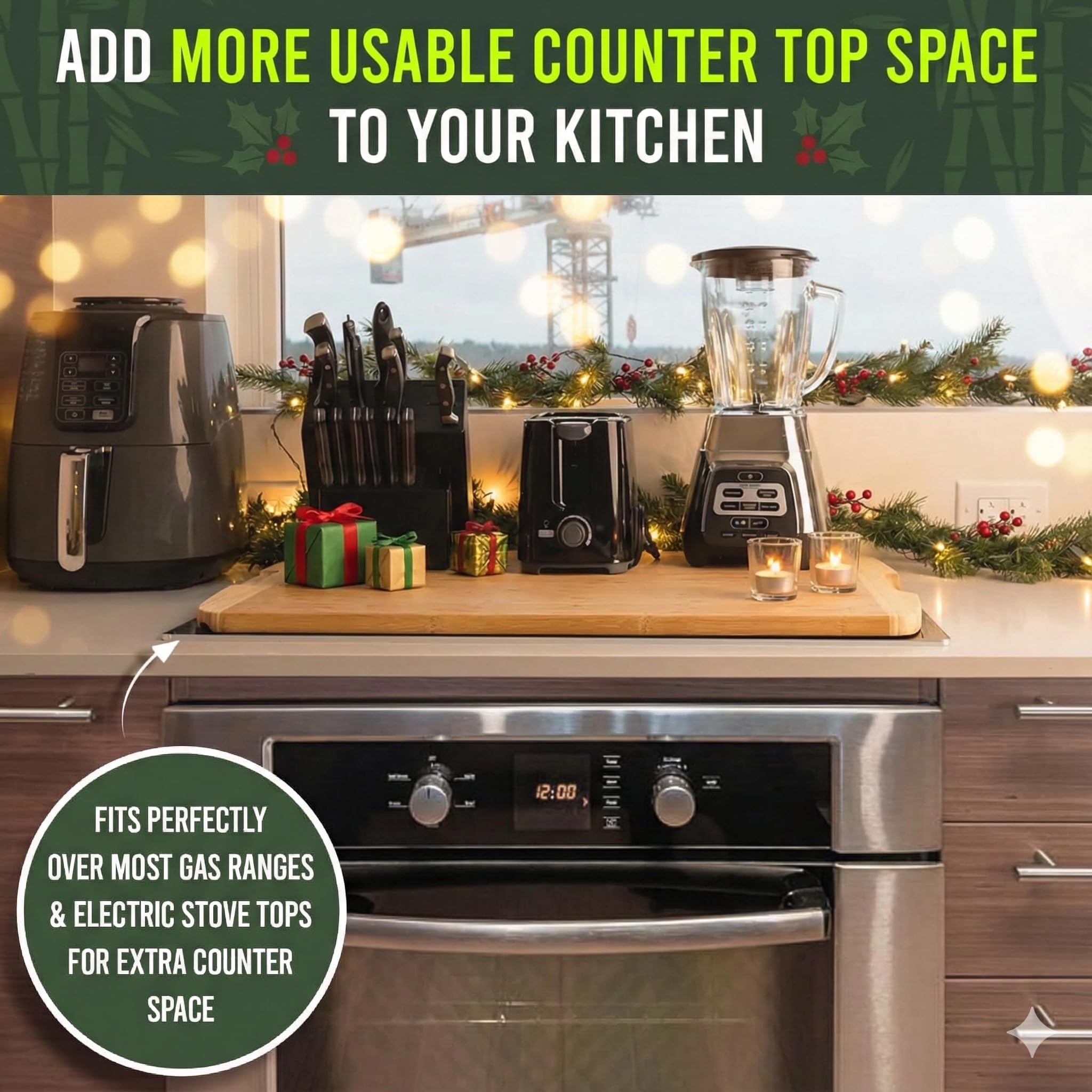 Greener Chef FSC-certified bamboo surface offers a sustainable prep area.