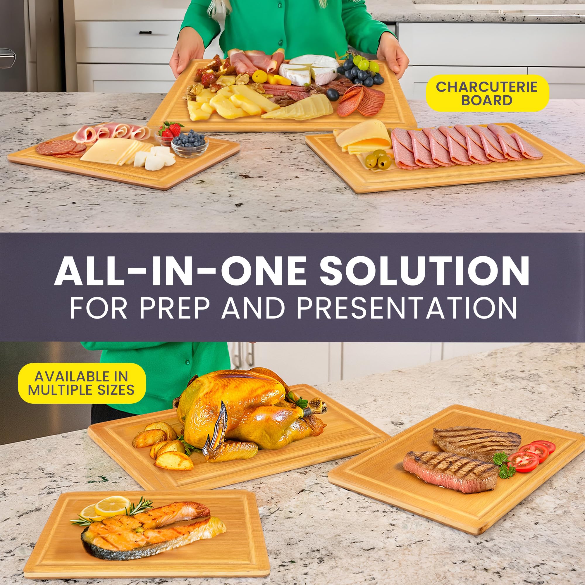 Greener Chef XL cutting board with juice groove catching drips during prep