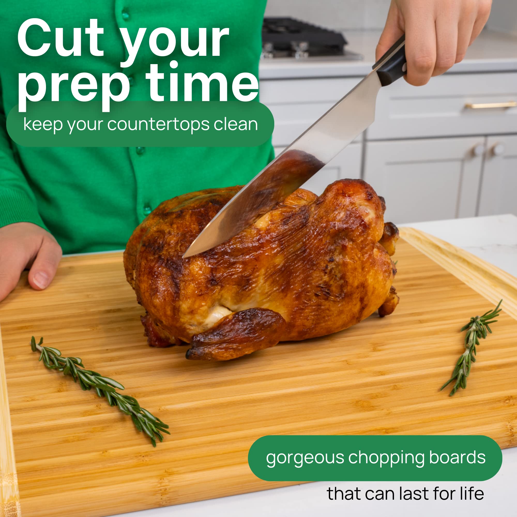 Greener Chef two-tone bamboo cutting board in a modern kitchen
