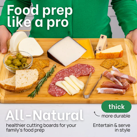 Greener Chef XL bamboo cutting board with charcuterie display for entertaining