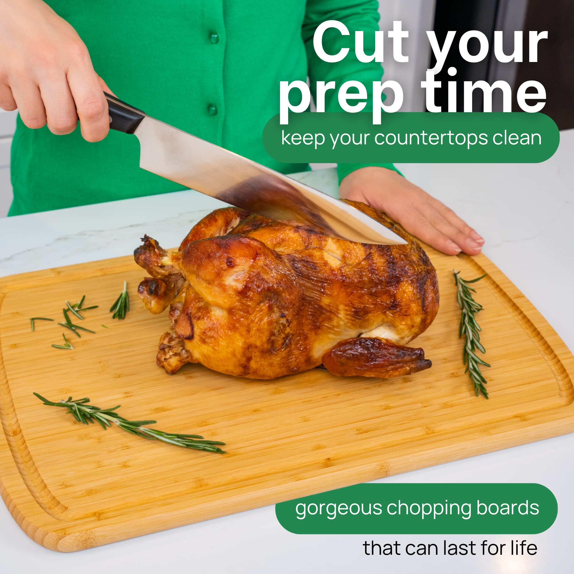 Lifetime replacement warranty badge on Greener Chef XL bamboo board