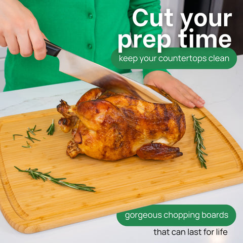 Lifetime replacement warranty badge on Greener Chef XL bamboo board