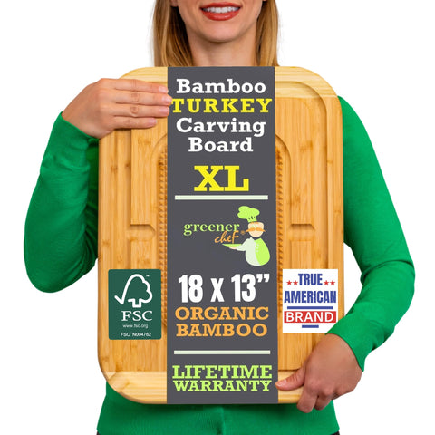 Greener Chef XL carving board with pour spout for easy juice collection.