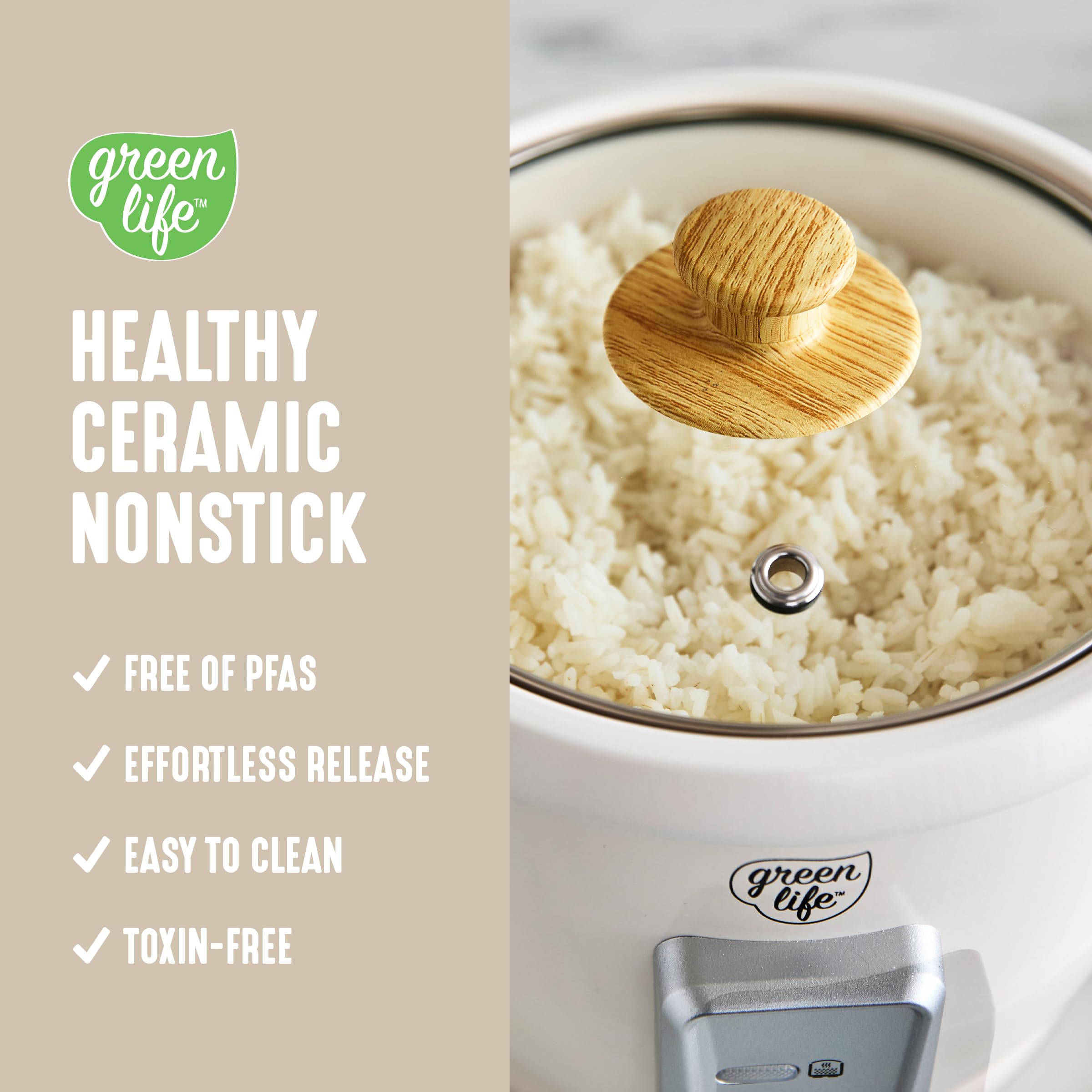 GreenLife rice cooker cooks up to 6 cups of rice.