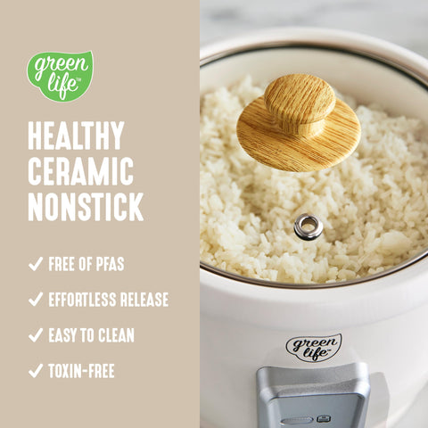 GreenLife rice cooker cooks up to 6 cups of rice.