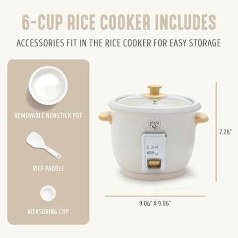 GreenLife rice cooker ceramic nonstick interior for easy cleaning.