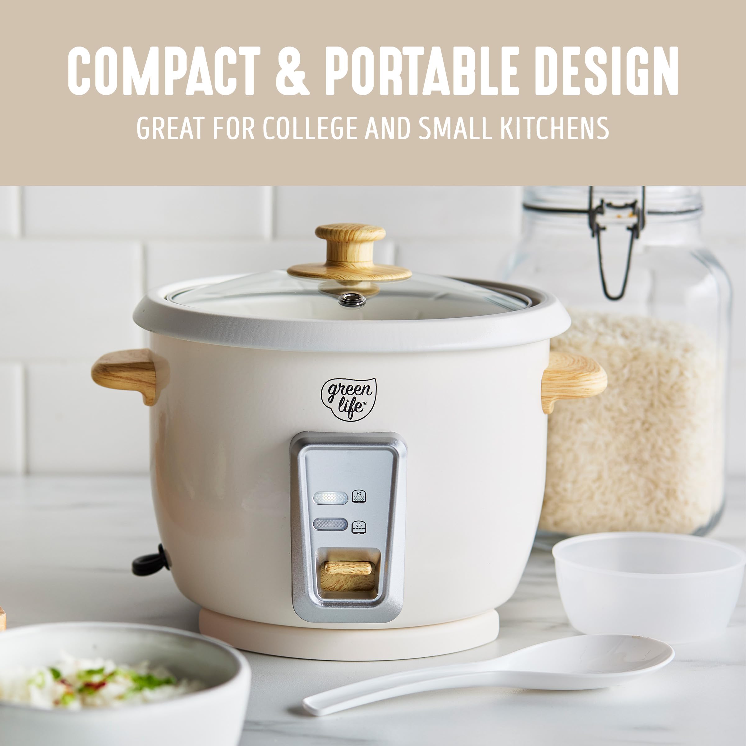 GreenLife compact rice cooker fits neatly on small countertops.