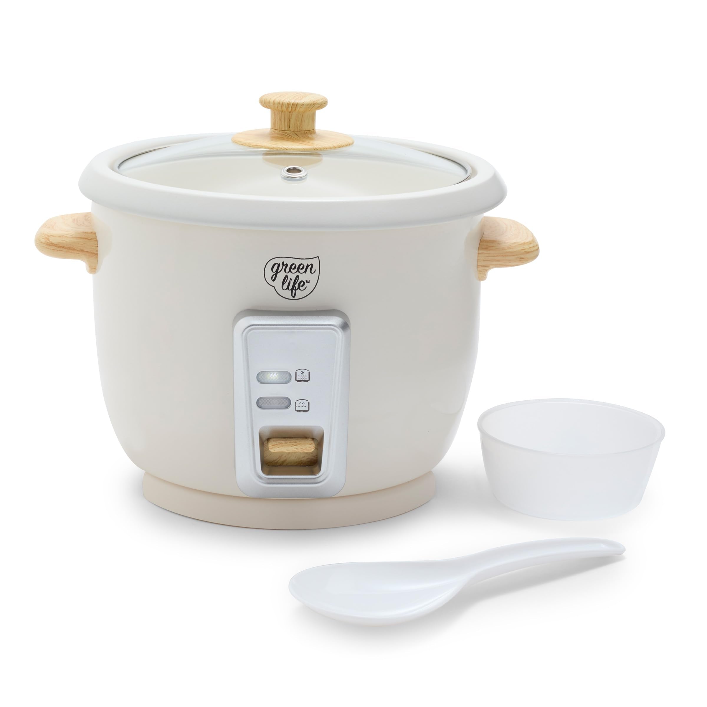 GreenLife rice cooker front view highlights compact design for small kitchens.