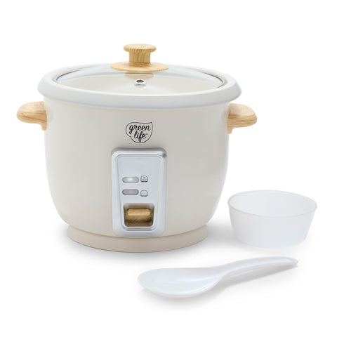 GreenLife rice cooker front view highlights compact design for small kitchens.