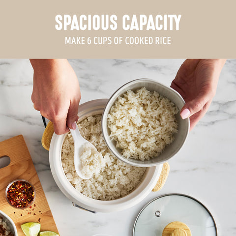 GreenLife keep-warm function preserves fluffy rice at mealtime.