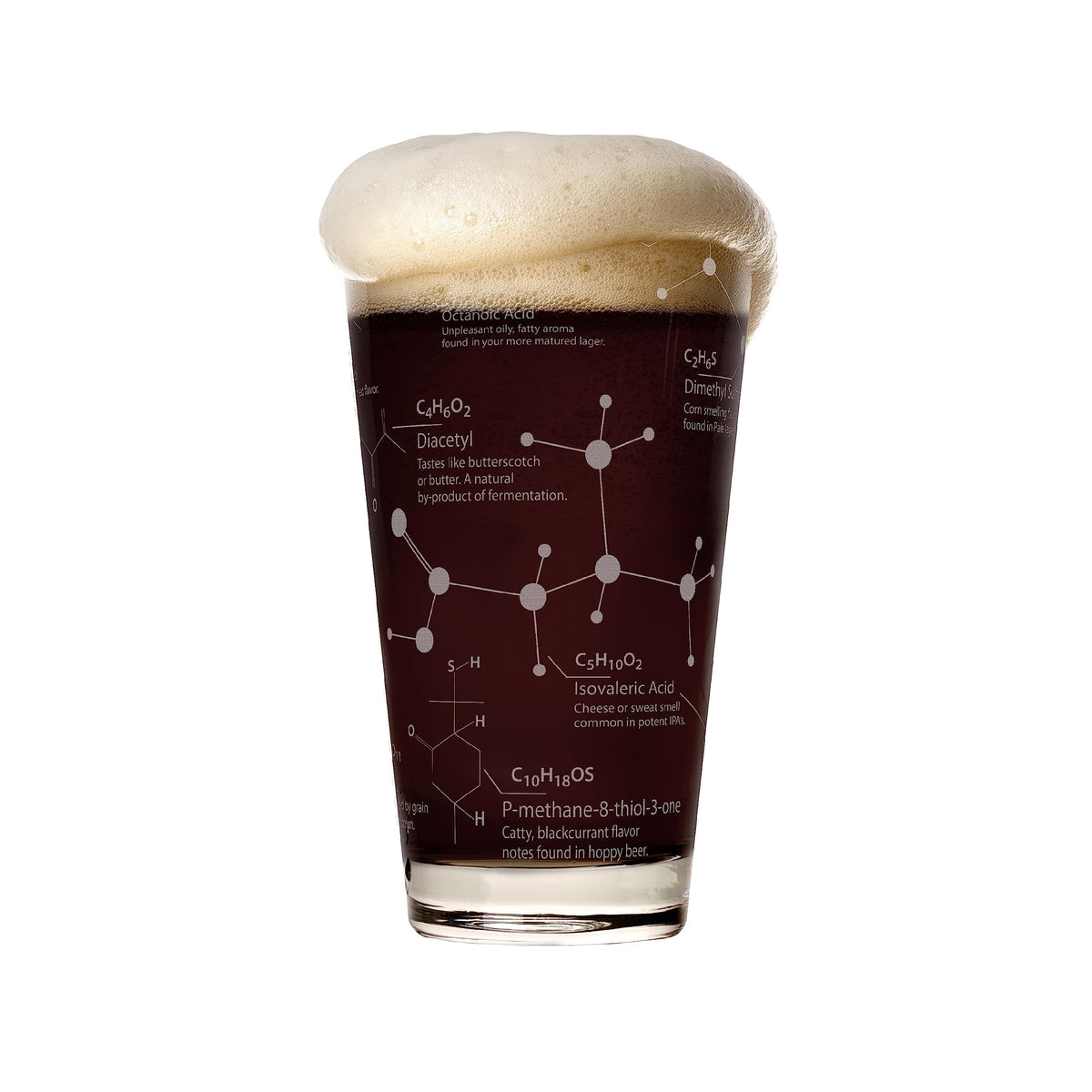 Greenline Goods 16oz pint with etched beer molecules design for tasting notes