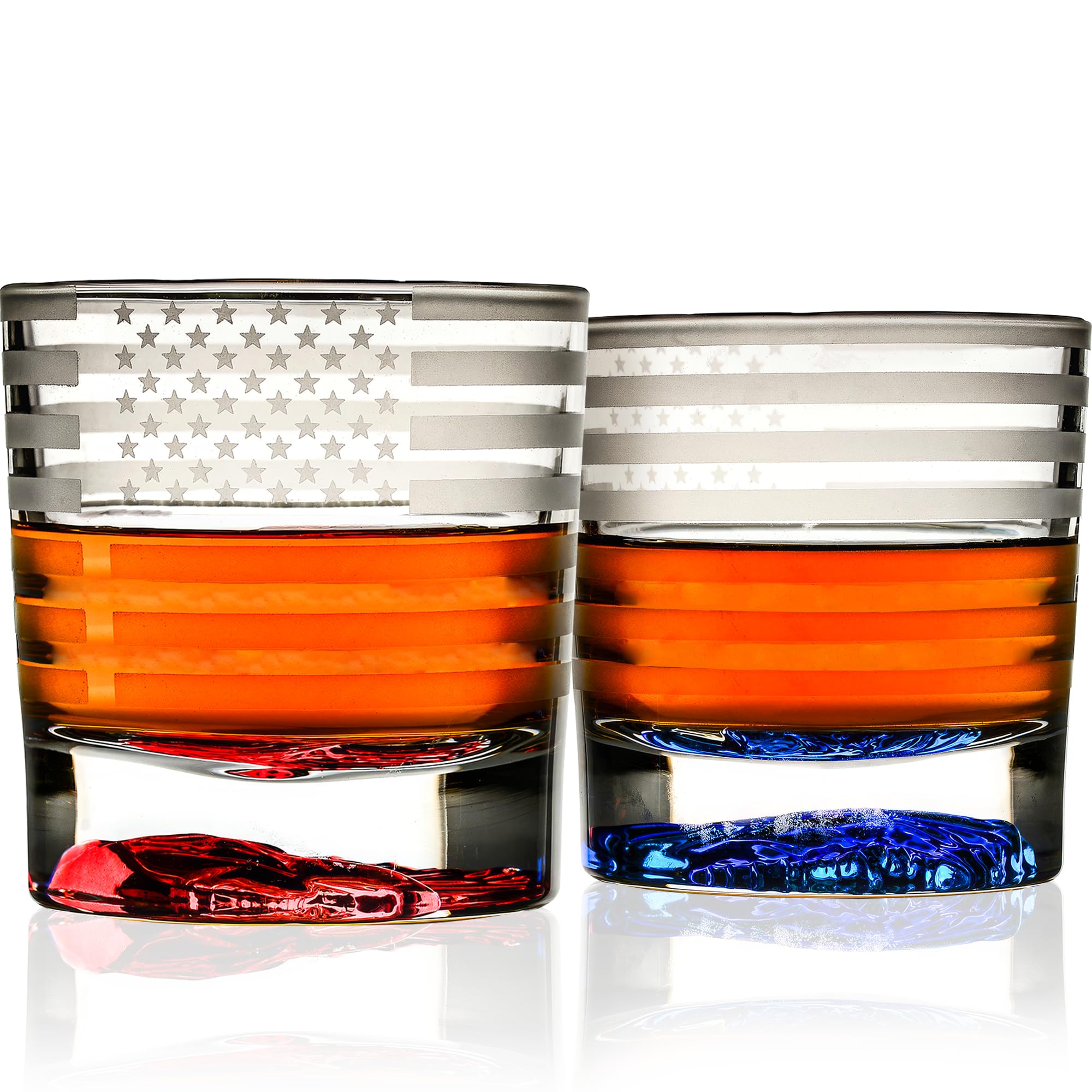 Greenline Goods American flag glasses with 3D eagle base for patriotic whiskey moments.
