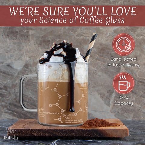 Greenline Goods coffee molecule art mug ideal for cappuccino, latte, or espresso moments.