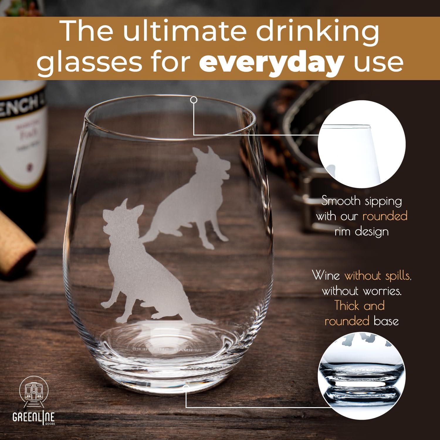 Greenline Goods stemless glass highlighting dishwasher-safe, durable design