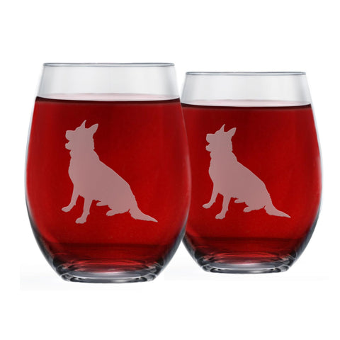 Greenline Goods German Shepherd stemless wine glass with outside etch, ideal for breed fans