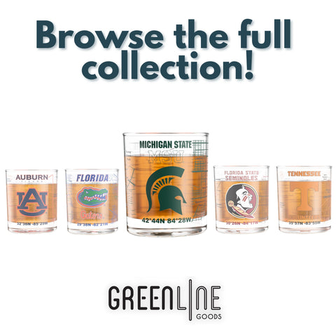 Greenline Goods LSU Tigers glasses feature landmarks and latitude lines for nostalgia