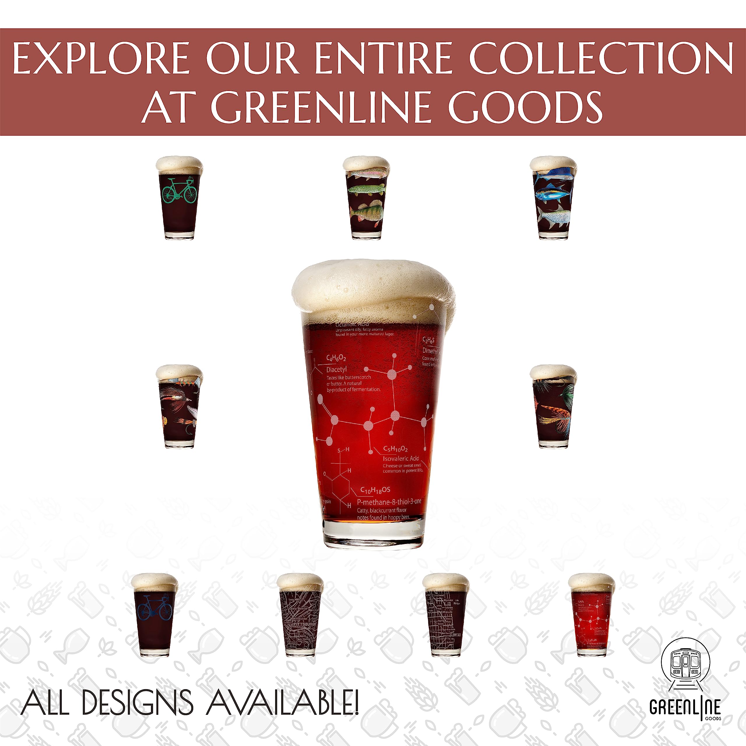 Greenline Goods science-themed beer glass suited for IPA, Pilsner, or Belgian Wheat