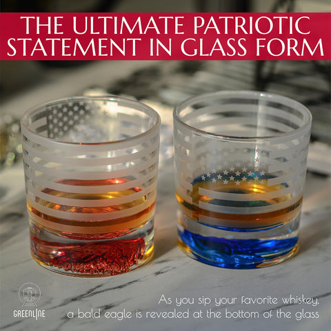 Set of 2 10oz tumblers showcases flag design and eagle bottom detail for bold decor.