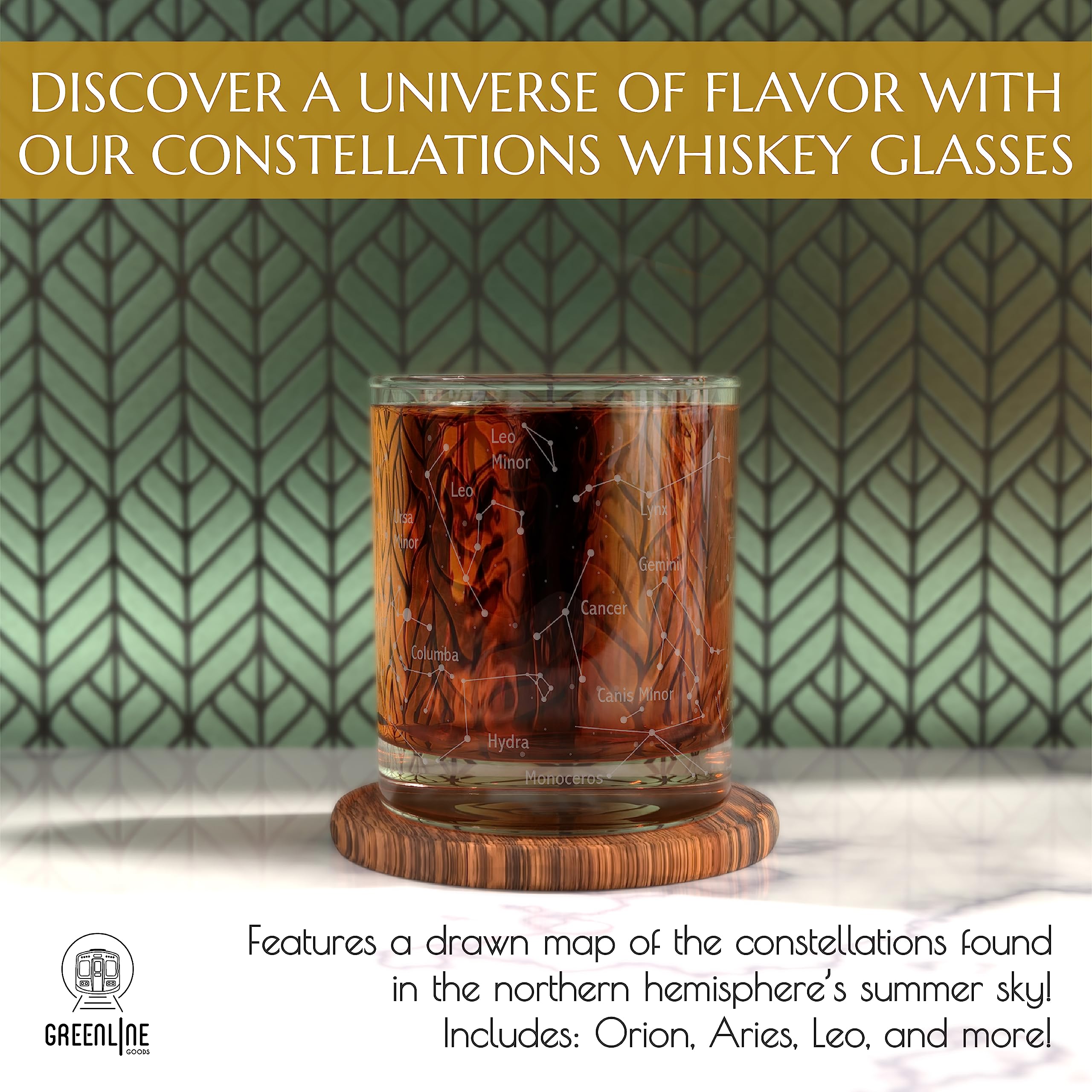 Greenline Goods whiskey glass showing Aries and Leo etchings for immersive night-sky sipping
