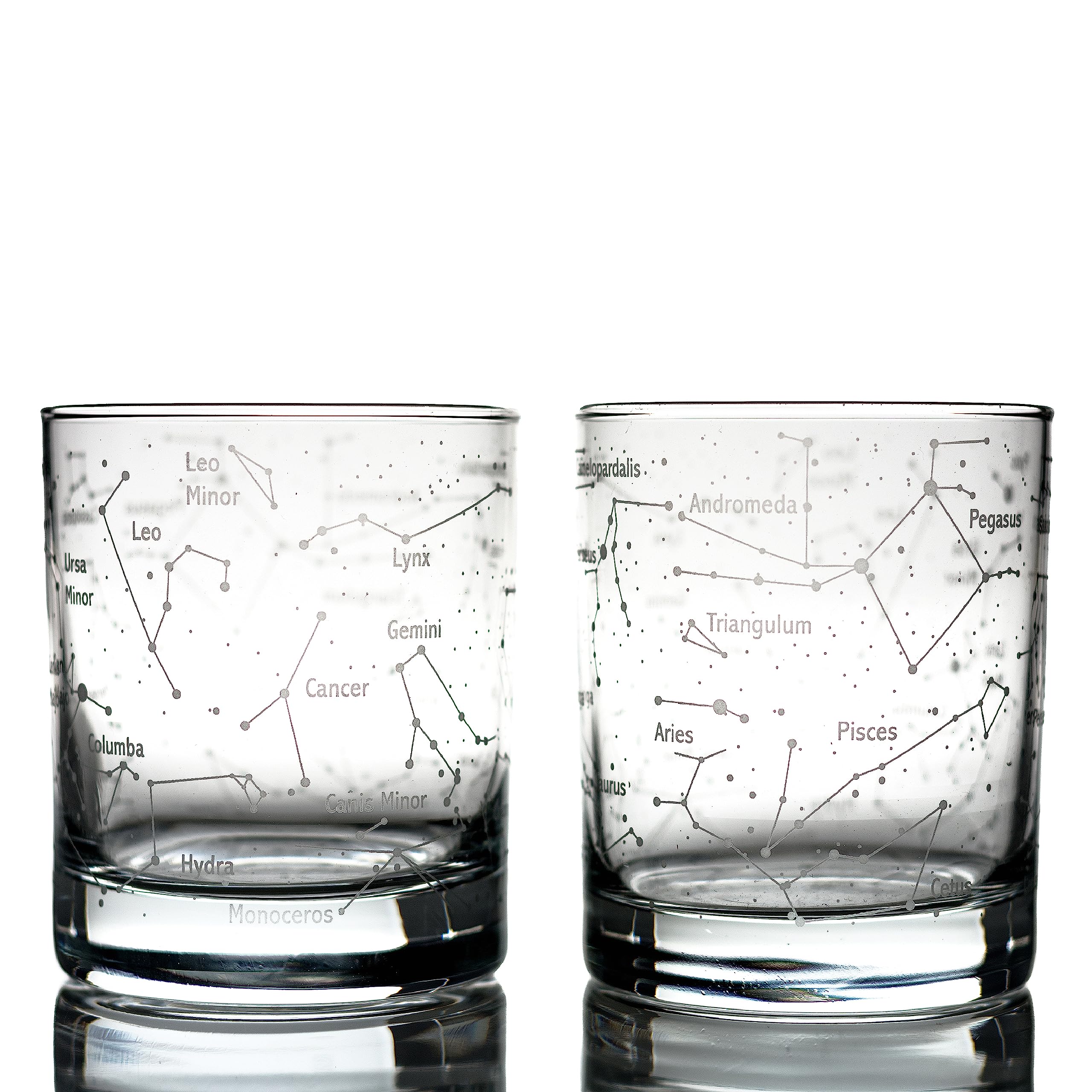 Greenline Goods whiskey glass with Orion constellation etched around the bowl for stylish stargazing