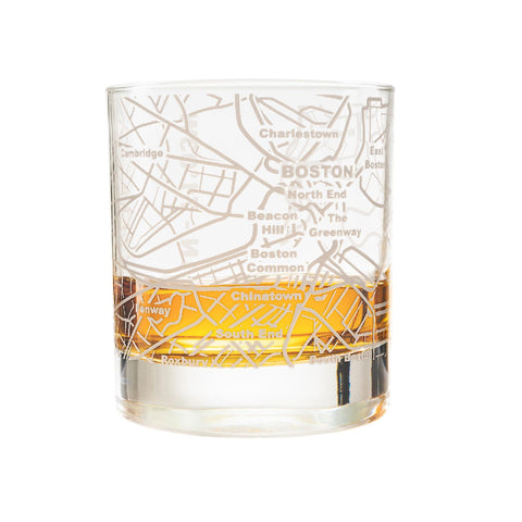 Greenline Goods whiskey glass with etched Boston map detail for refined sipping