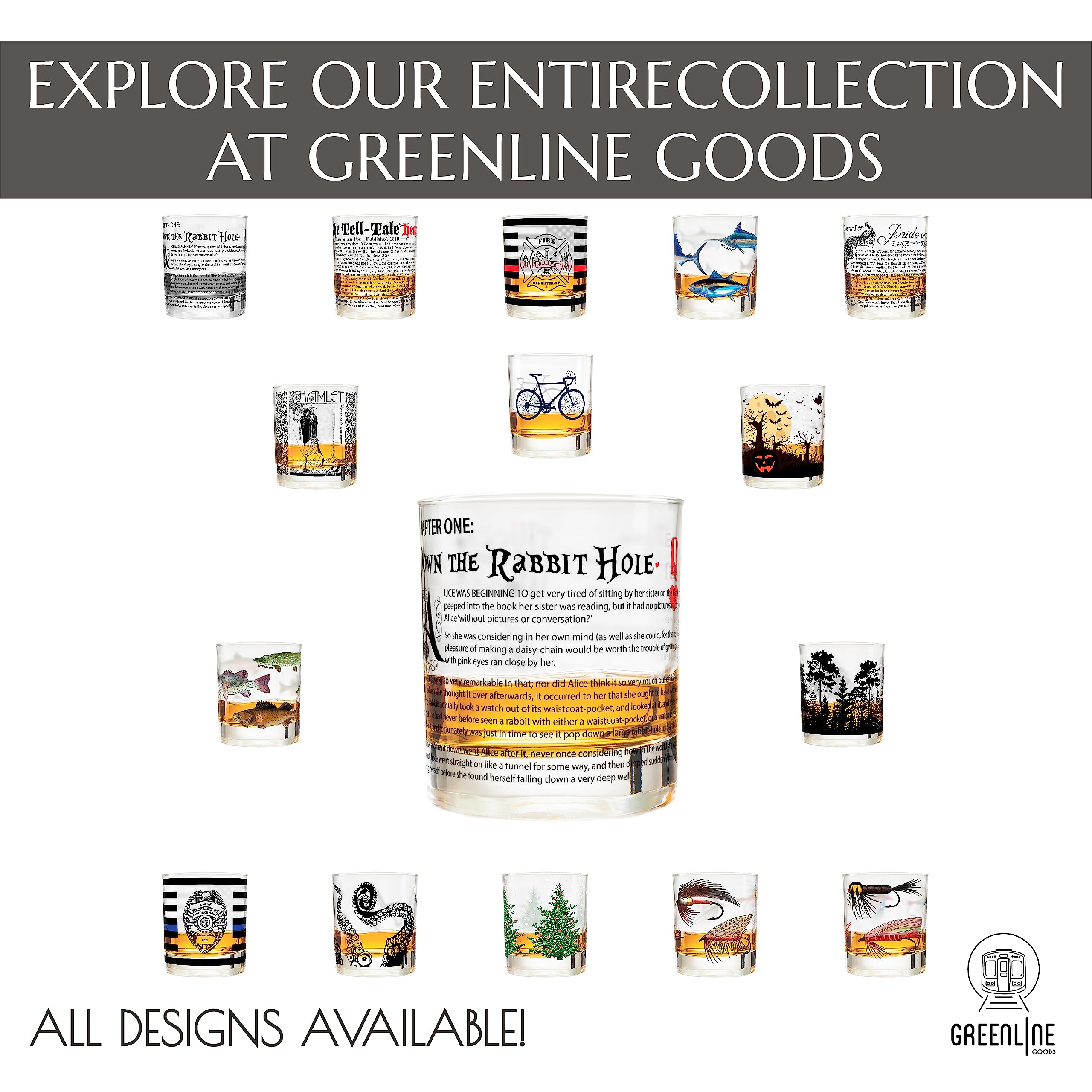 Greenline Goods whiskey glass shows first page illustration, ideal for collectors and cozy nights.