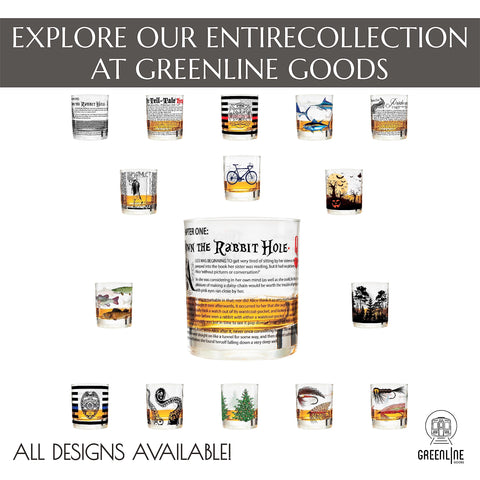 Greenline Goods whiskey glass shows first page illustration, ideal for collectors and cozy nights.