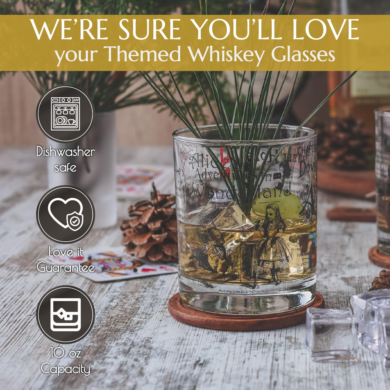 Greenline Goods whiskey glass with Lewis Carroll illustration, a refined gift for book lovers.